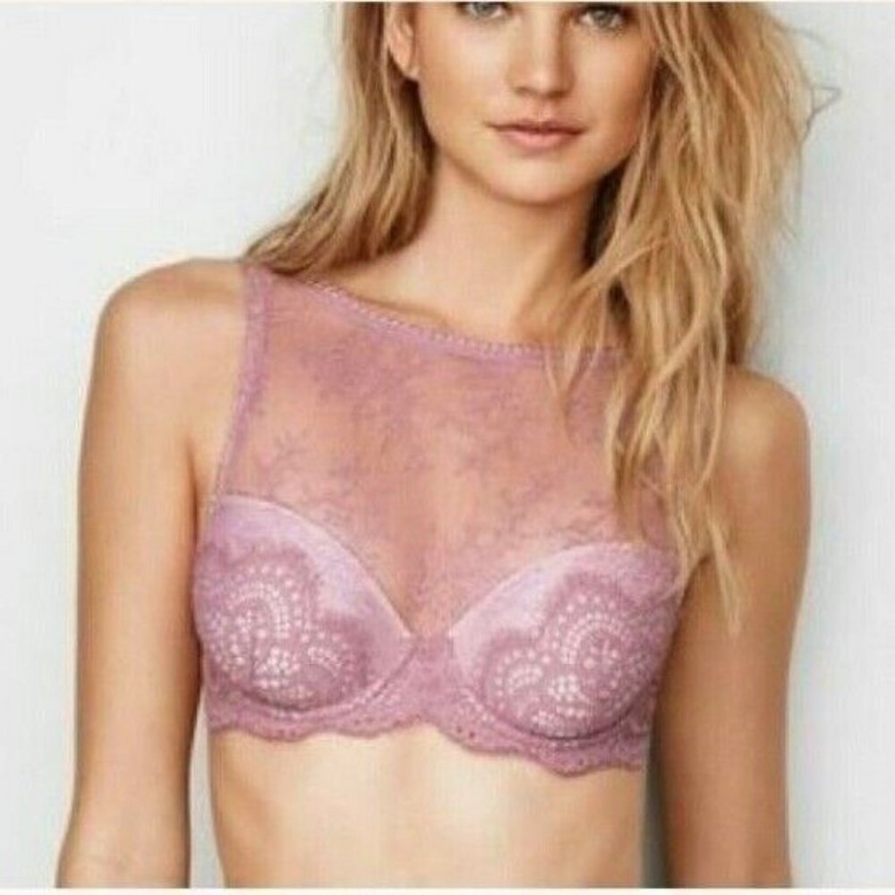 Victorias Secret Dream Angels Lined Demi Bra Lace High Neck 32DD Lavender NEW